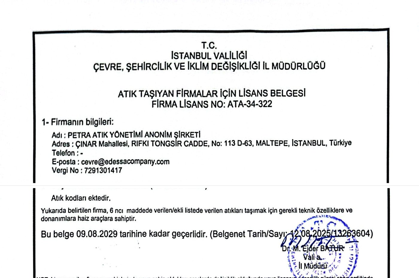 Petra Atık Yönetimi T.C. İstanbul Valiliği Çevre İl Müdürlüğü lisans belgesi